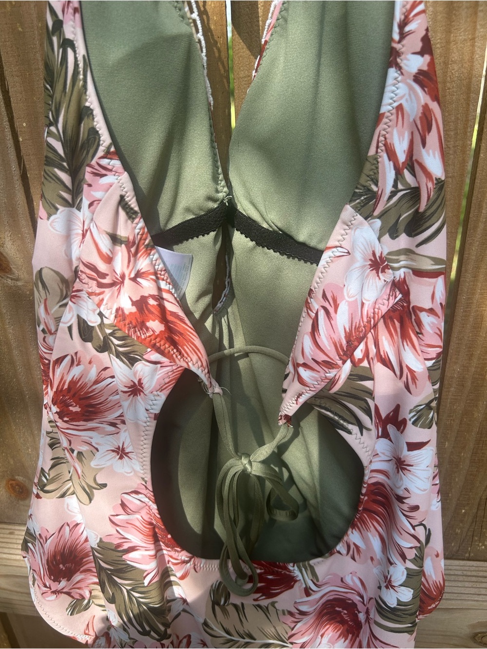 Kona Sol Pink Floral One-Piece Swimsuit with Olive Ties size large - Picture 10 of 11